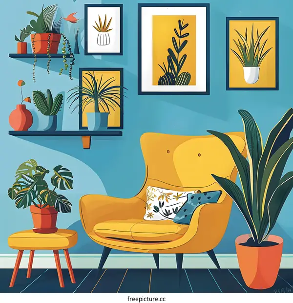 Yellow Armchair with Plants and Pictures in a Room