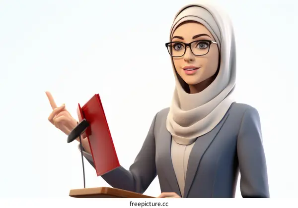 A young woman in a hijab gives a speech at a podium