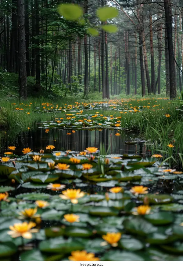 Tranquil River in a Forest with Yellow Flowers