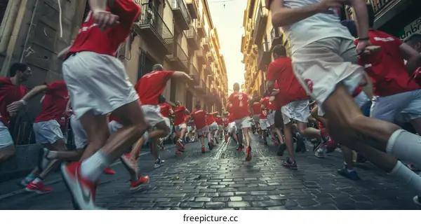 People running down a narrow street during a festival