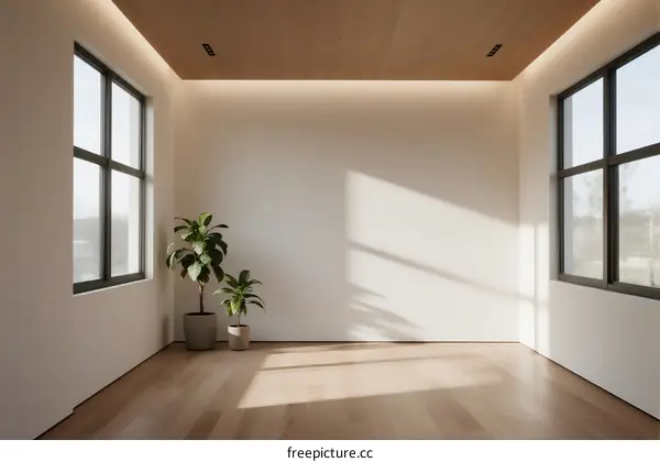Bright and empty room with large windows and potted plants