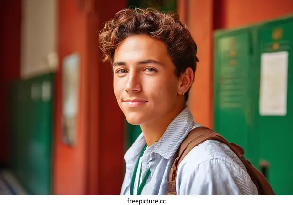 Portrait of a Teenage Student in a School Corridor