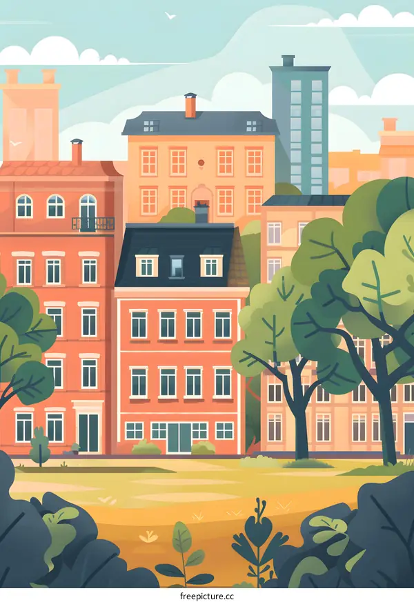 Colorful Illustration of European Style Buildings With Green Trees