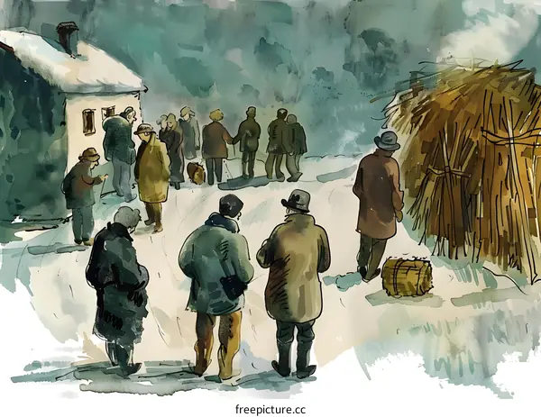 Watercolor Painting of People Gathering in Winter