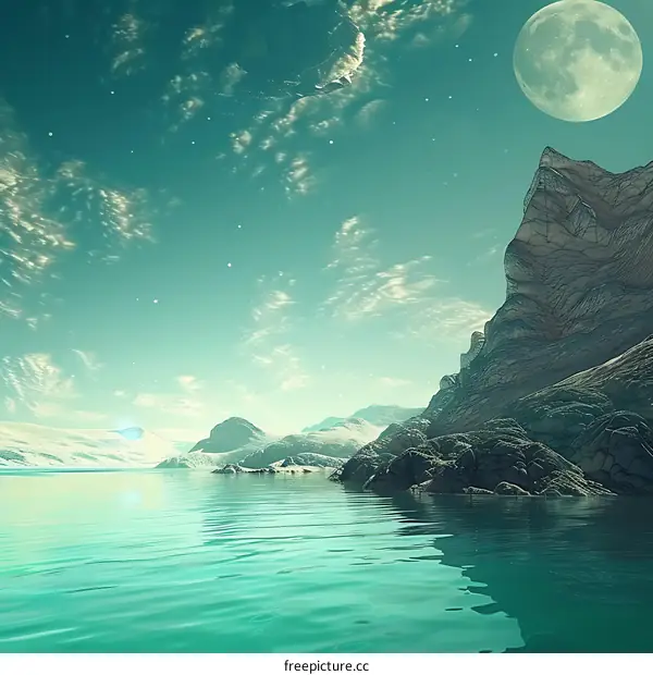 Fantasy Landscape with Mountains and Moon