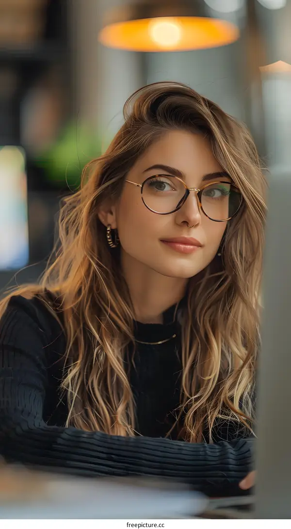 portrait of a beautiful young woman with brown hair wearing glasses