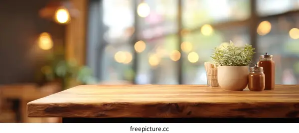 Wooden Table Top with Blurred Cafe Background