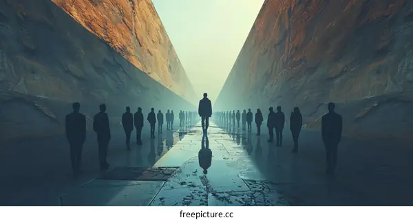 A group of faceless business people walking through a narrow canyon
