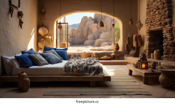 Desert luxury bedroom interior with a fireplace and a view of the mountains