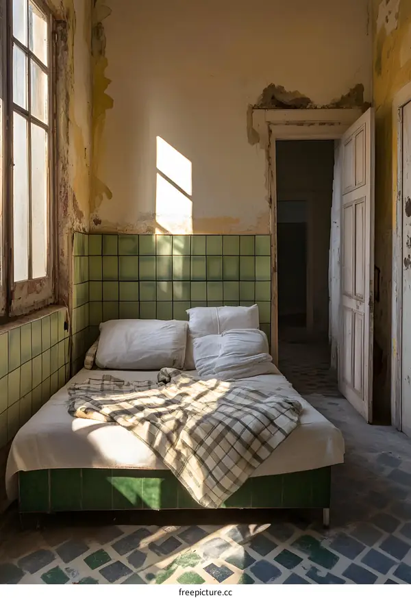 Old Room with Bed and Green Tiles