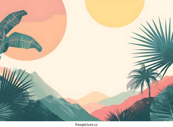 Tropical Sunset Mountain Landscape Illustration