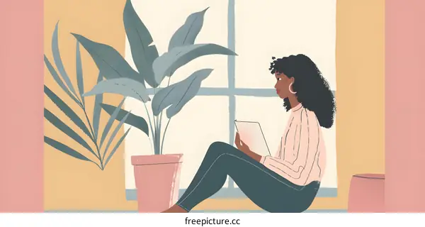 Woman Sitting by Window with Tablet and Plant
