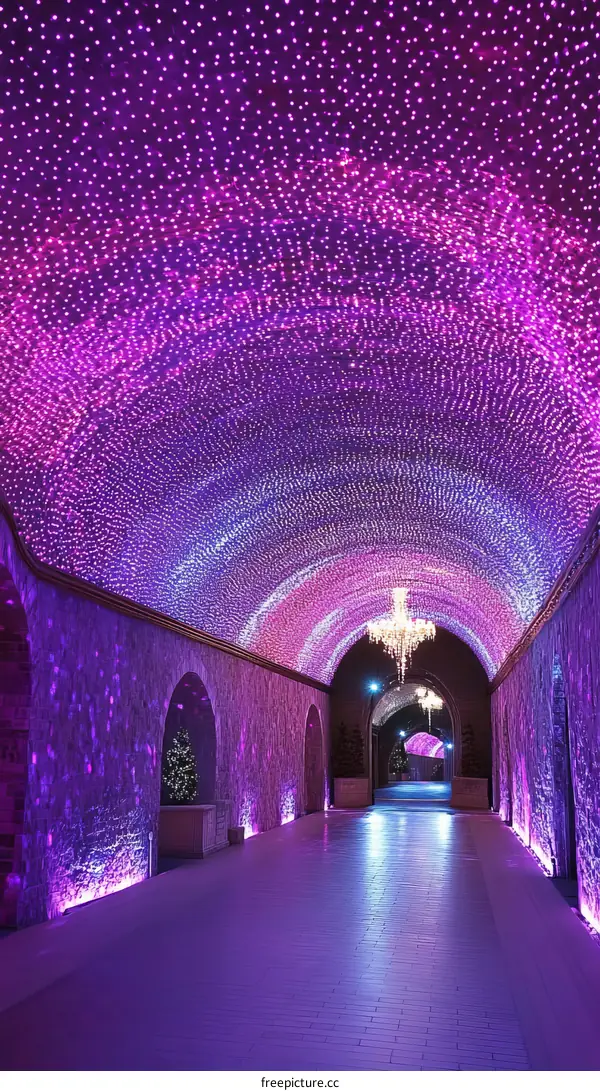 Purple Luminous Tunnel Pathway Decorated with Lights