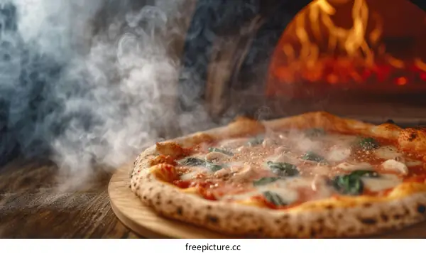 Freshly baked pizza from the oven with steam