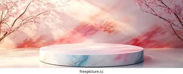 Pink Marble Podium with Cherry Blossom Background
