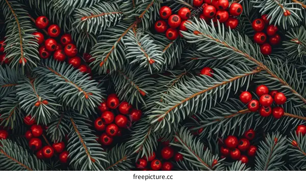 Christmas background with red berries and fir branches
