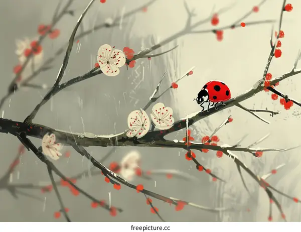 Ladybug on a Branch with White Flowers