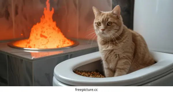A ginger cat is sitting in a toilet bowl next to a fire