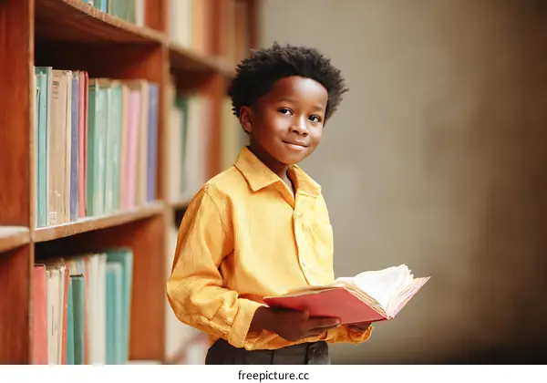 A Young African-American Child Reading in a Library