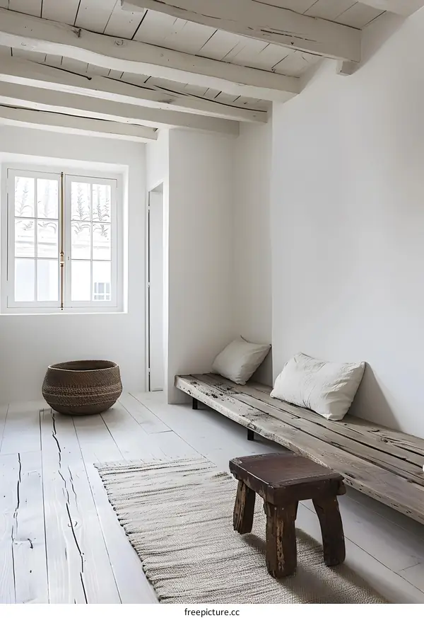 White Minimalist Living Room with Rustic Wooden Bench and Stools