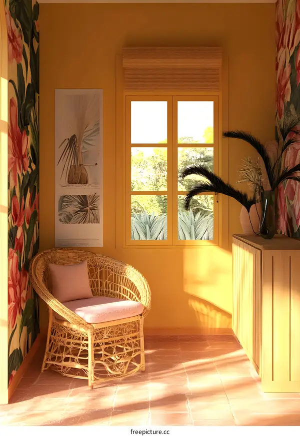 Yellow Wall and Wicker Chair in a Tropical Room