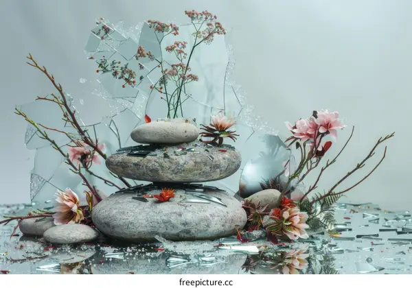 Still Life: Rocks, Glass Shards, and Flowers