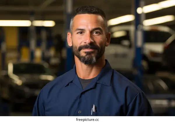 Portrait of a male mechanic in a blue uniform smiling