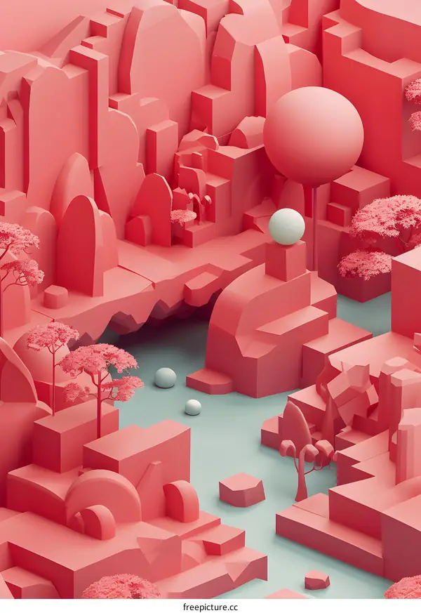 Abstract 3D Pink Landscape with Geometric Shapes