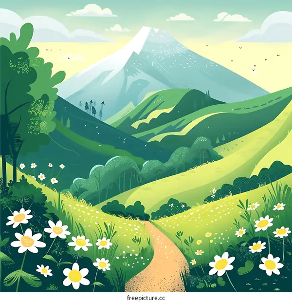 Mountain Landscape With Pathway And Daisies