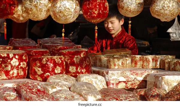 Chinese boy selling decorated gifts during a festival