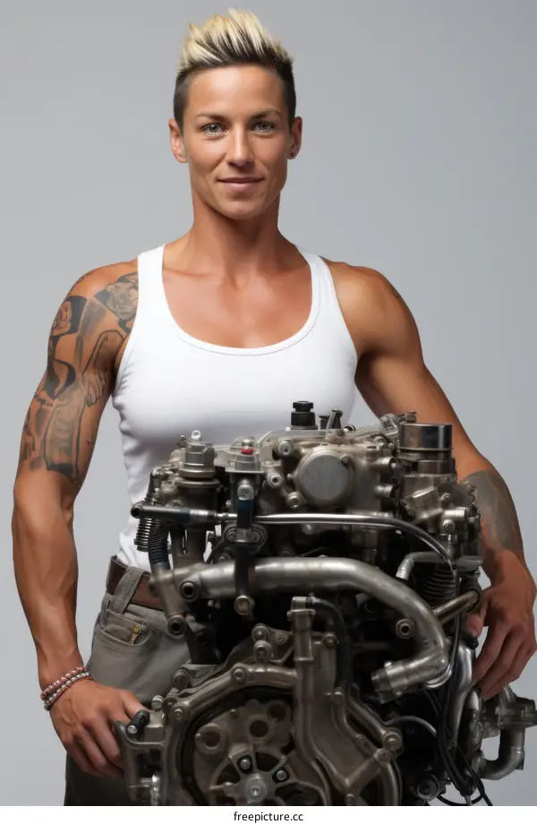 Portrait of a female mechanic holding an engine