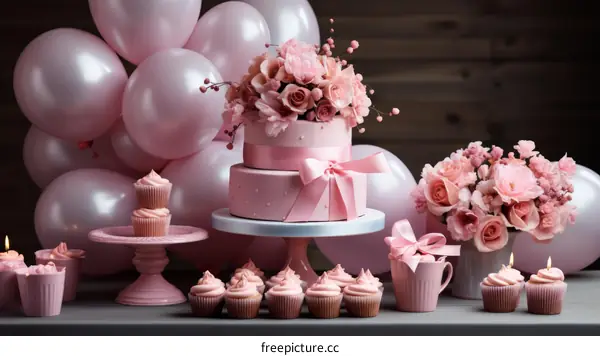 Pink birthday cake with pink flowers and balloons