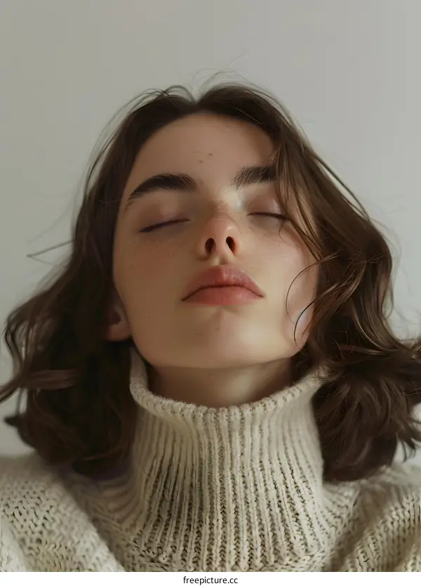 Portrait of a Young Woman with Closed Eyes Wearing a Knit Sweater