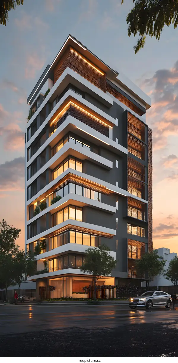 Modern Apartment Building Exterior Design With Car And People