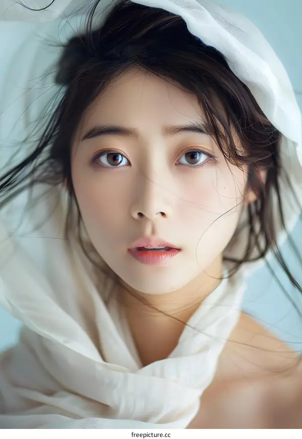 Beautiful Asian Woman Portrait with White Scarf and Long Hair