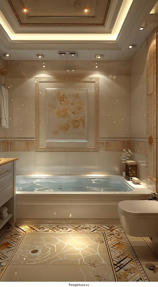 Luxury bathroom with beige marble tiles, golden elements and a large bathtub