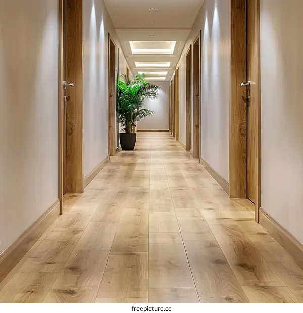 Wooden hotel hallway with closed doors and green plant