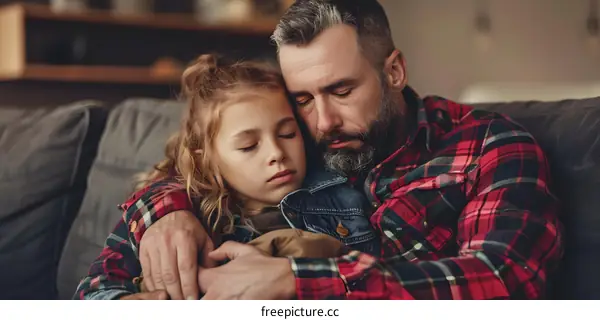 Loving Father and Daughter Embrace on Sofa