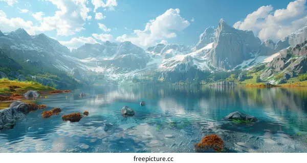 Majestic Mountain Lake Landscape with Blue Sky