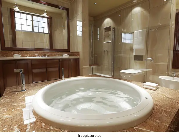 Luxury bathroom with round bathtub