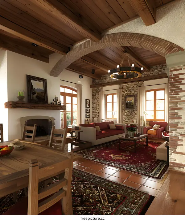 Rustic Style Interior Design With Wooden Beams And Stone Walls