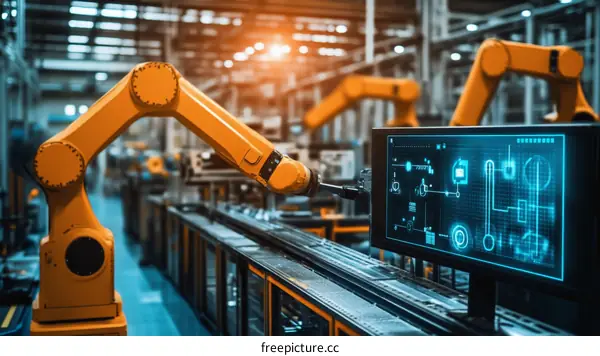 Automated Manufacturing Production Line with Robots and Control Screen