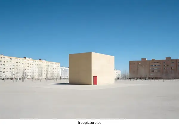 Minimalist Architecture with Red Door in an Open Field