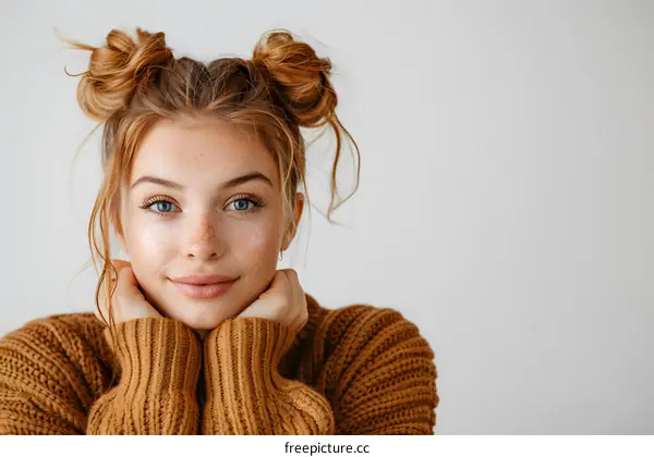 portrait of a young woman with freckles and brown hair