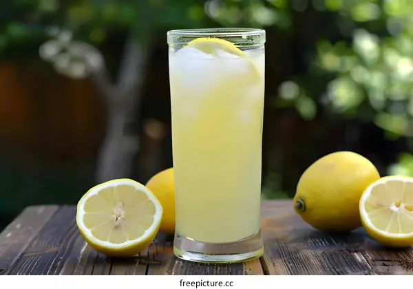 Glass of Lemonade with Lemon Slices on a Wooden Table