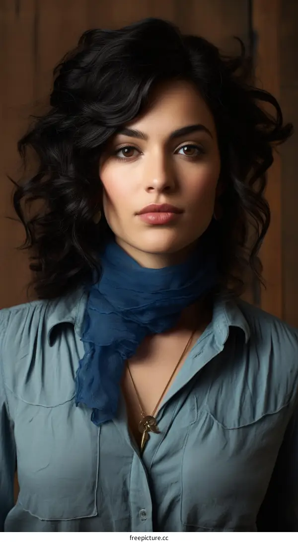 Portrait of a Beautiful Brunette Woman with Brown Eyes Wearing a Blue Scarf