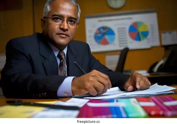 Indian Businessman Sitting at Desk Reviewing Documents