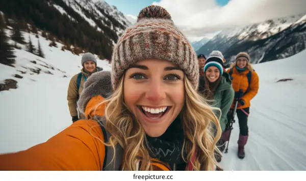 Group of friends snowshoeing in the mountains