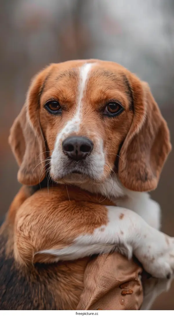 A portrait of a beagle with a serious expression on its face
