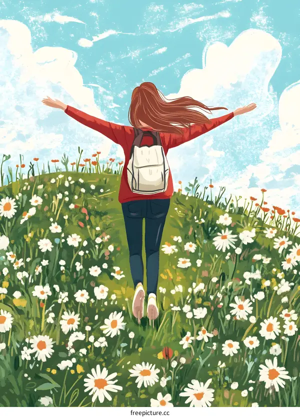 Woman Walking Through a Field of Daisies in Spring